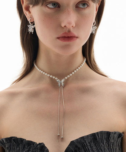Modern White Copper Overgild Pearl Butterfly Retractable Lariat Necklace