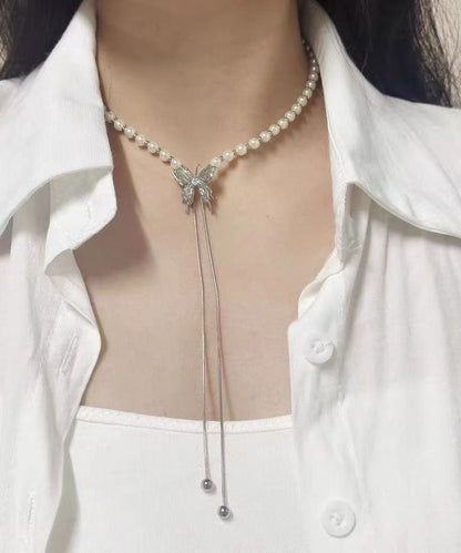 Modern White Copper Overgild Pearl Butterfly Retractable Lariat Necklace