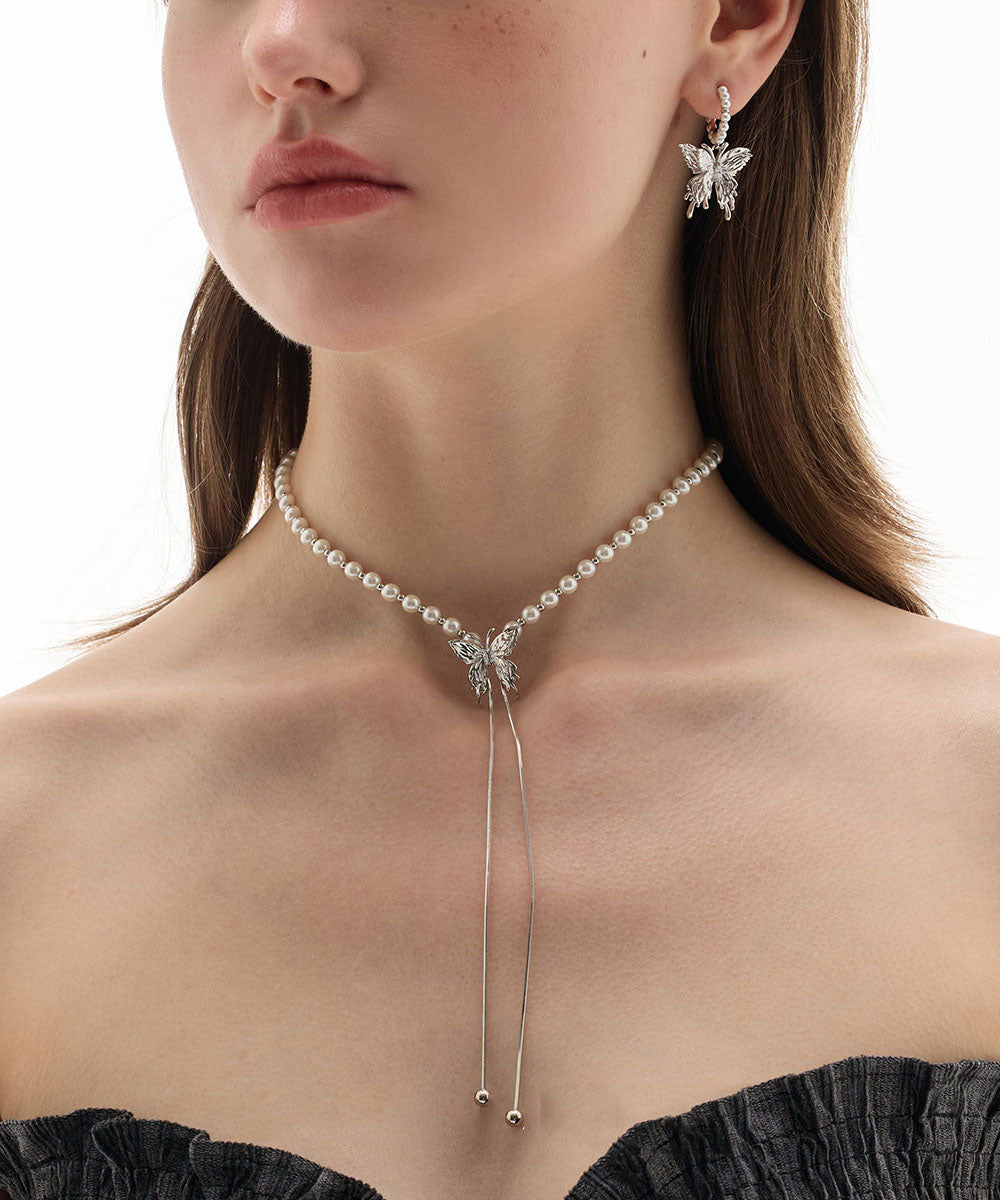 Modern White Copper Overgild Pearl Butterfly Retractable Lariat Necklace