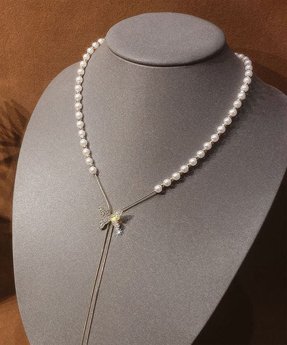 Modern White Copper Overgild Pearl Butterfly Retractable Lariat Necklace
