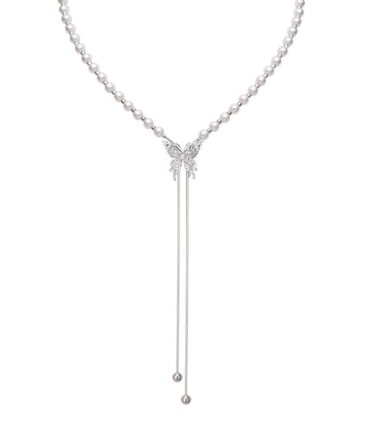 Modern White Copper Overgild Pearl Butterfly Retractable Lariat Necklace