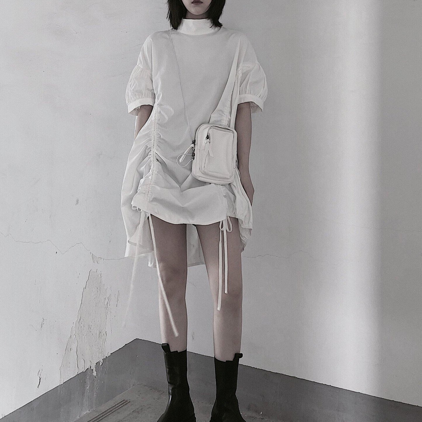 Modern White Dresses O Neck Drawstring loose Dress - SooLinen