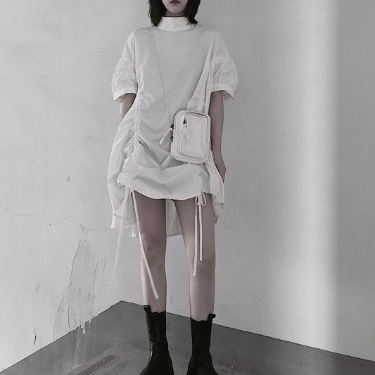 Modern White Dresses O Neck Drawstring loose Dress - SooLinen