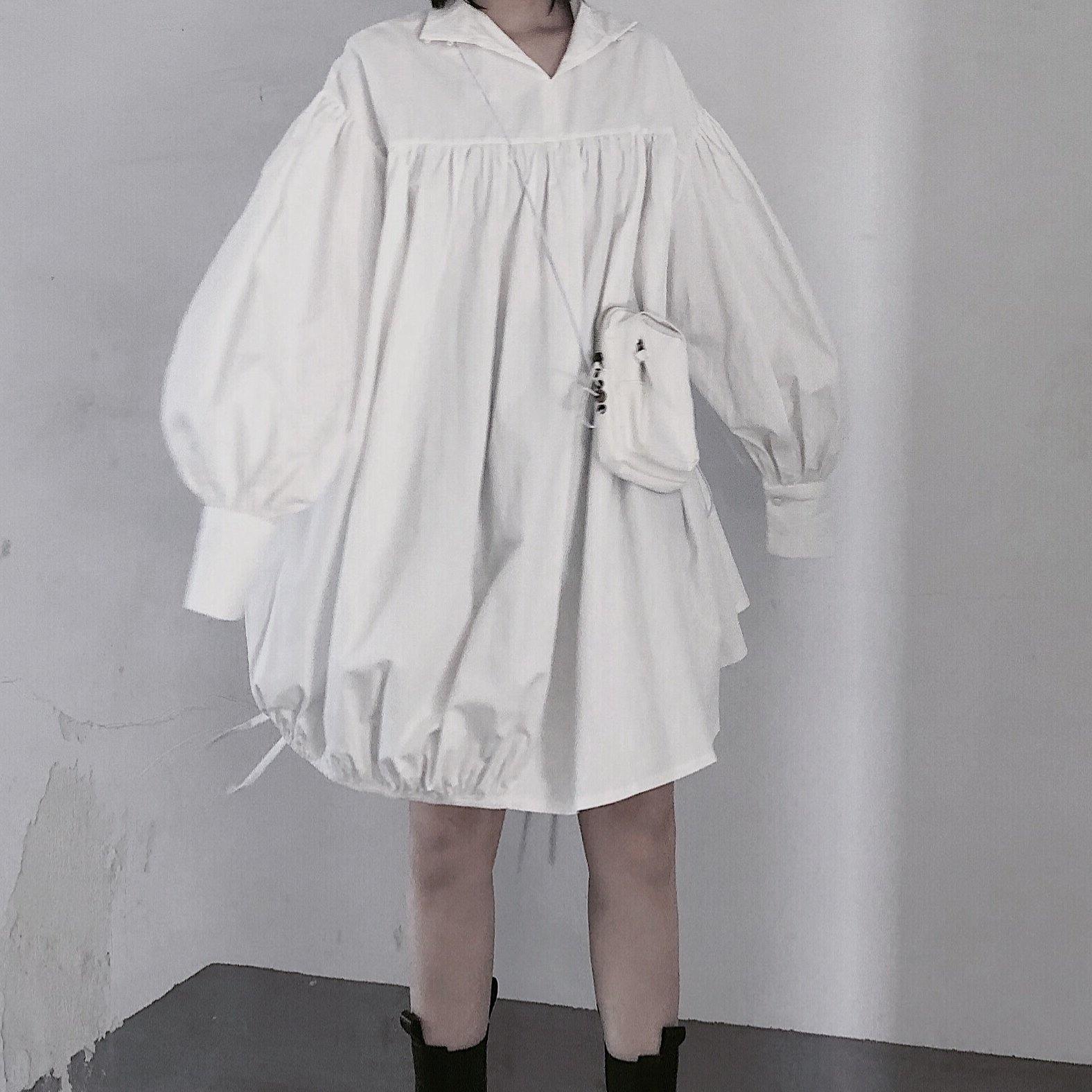 Modern White Dresses O Neck Drawstring loose Dress - SooLinen