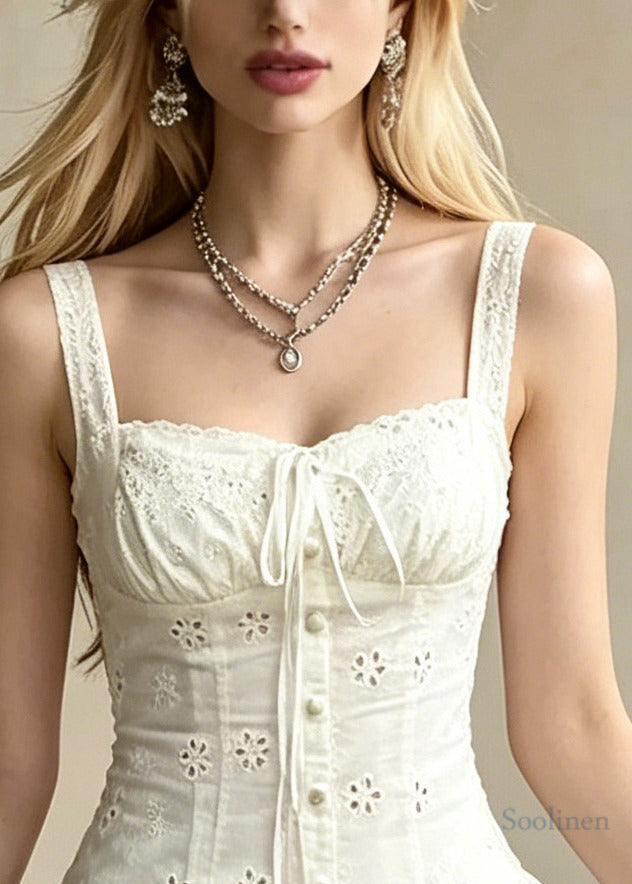 Modern White Embroidered Floral Cotton Vacation Dress Summer