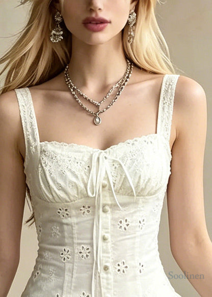 Modern White Embroidered Floral Cotton Vacation Dress Summer