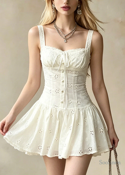 Modern White Embroidered Floral Cotton Vacation Dress Summer
