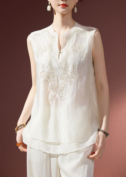 Modern White Embroidered Layered Chiffon Tops Sleeveless