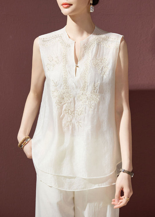 Modern White Embroidered Layered Chiffon Tops Sleeveless
