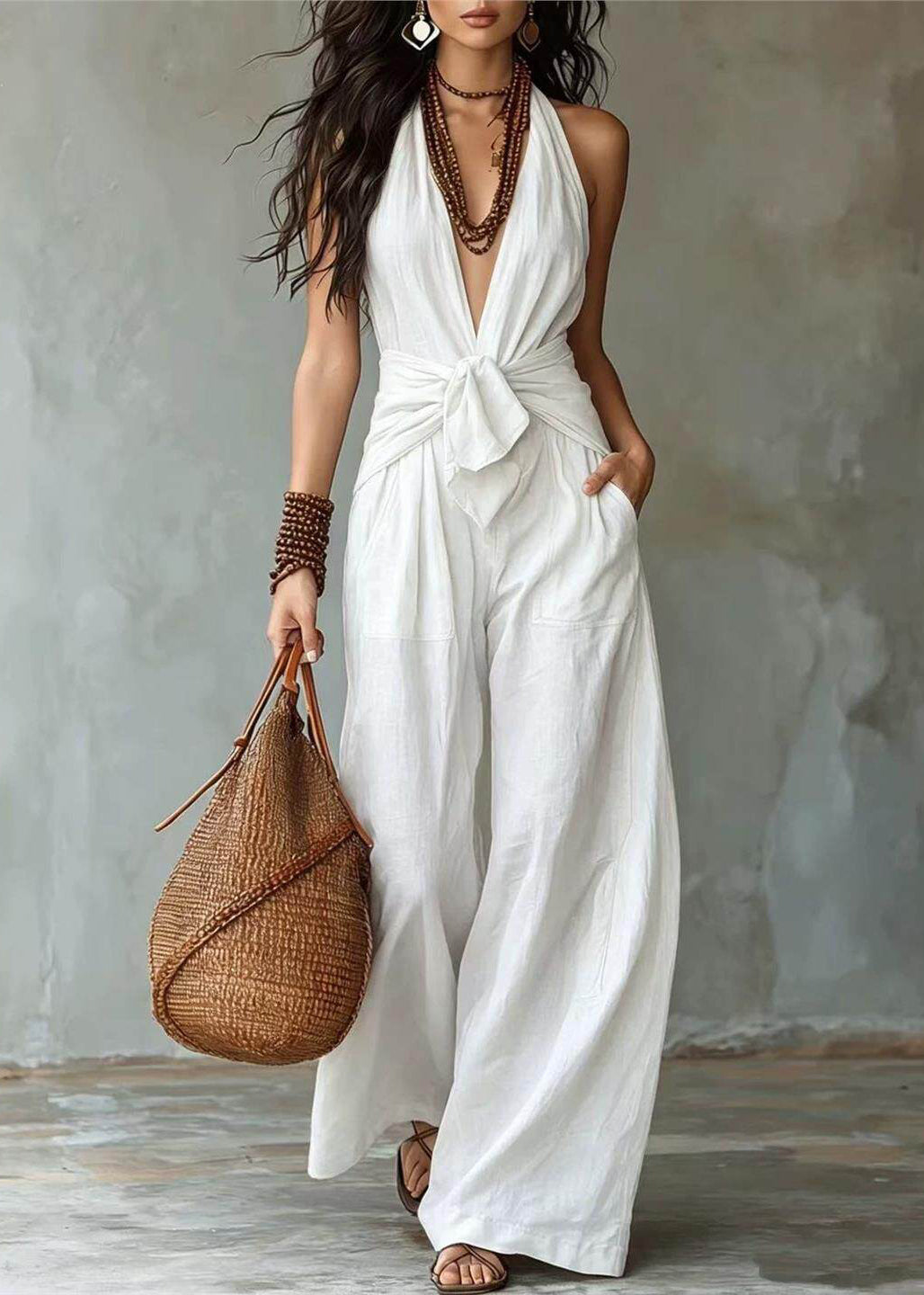 Modern White Halter V Neck Cotton Overalls Jumpsuit Sleeveless