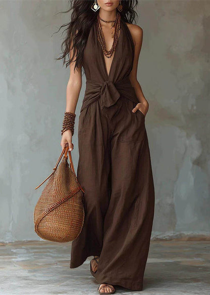 Modern White Halter V Neck Cotton Overalls Jumpsuit Sleeveless