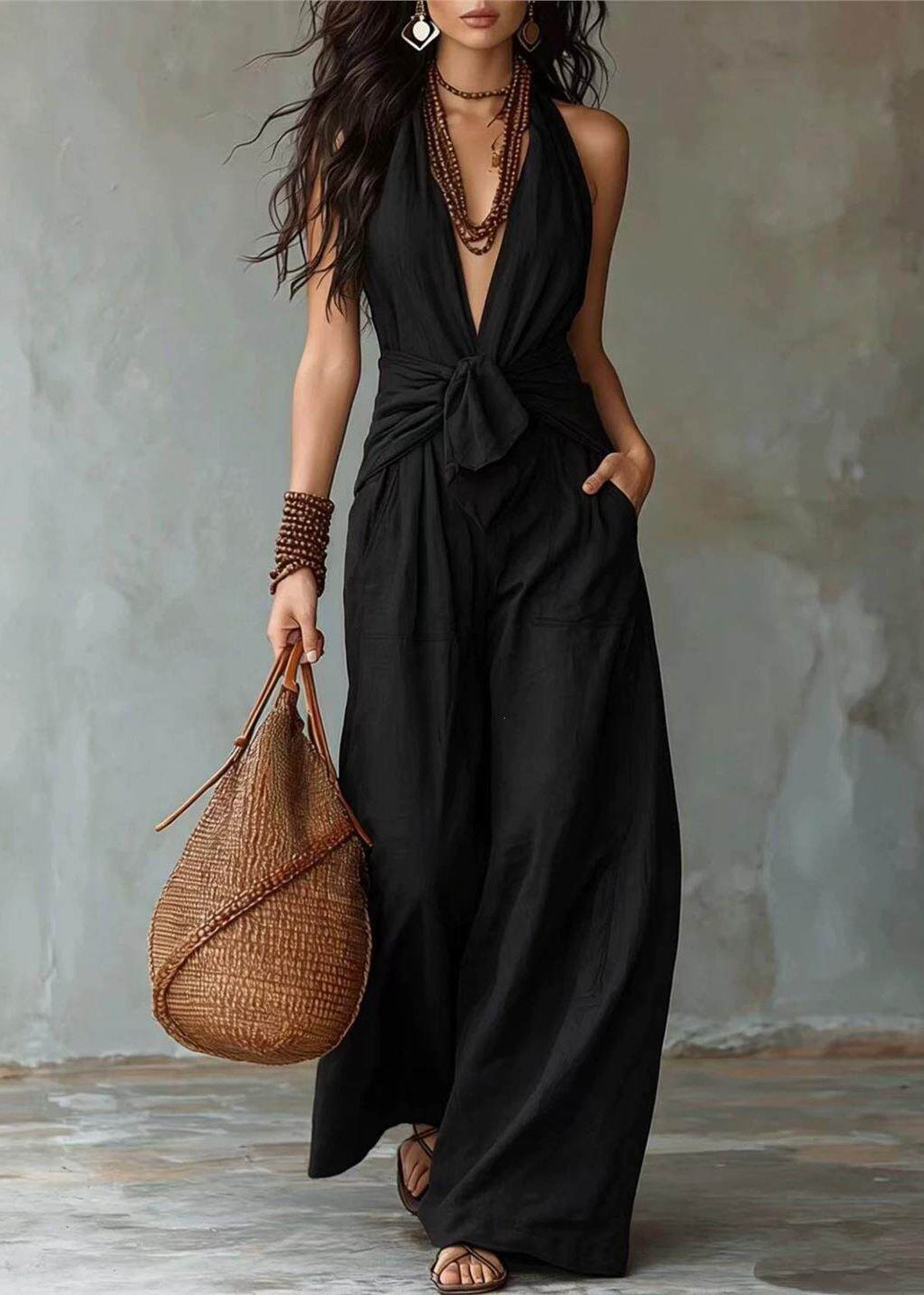 Modern White Halter V Neck Cotton Overalls Jumpsuit Sleeveless