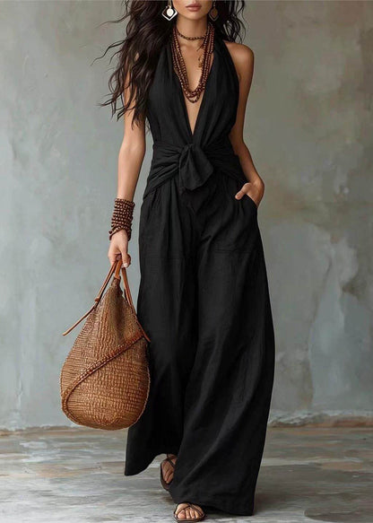 Modern White Halter V Neck Cotton Overalls Jumpsuit Sleeveless