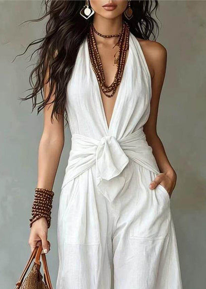 Modern White Halter V Neck Cotton Overalls Jumpsuit Sleeveless