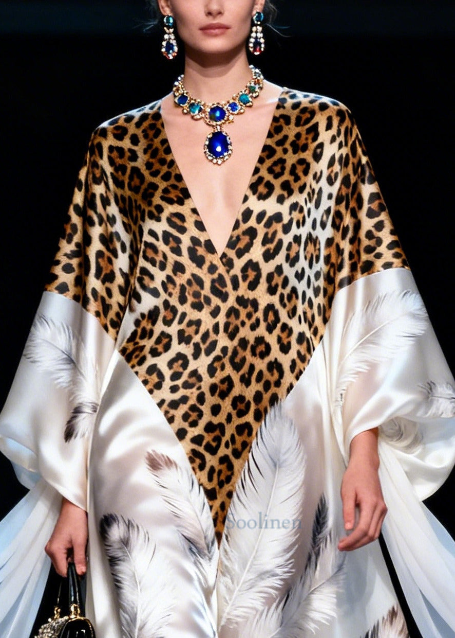 Modern White Leopard Patchwork Exra Large Hem Silk Vacation Dresses Summer