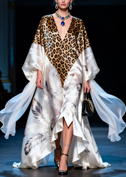 Modern White Leopard Patchwork Exra Large Hem Silk Vacation Dresses Summer