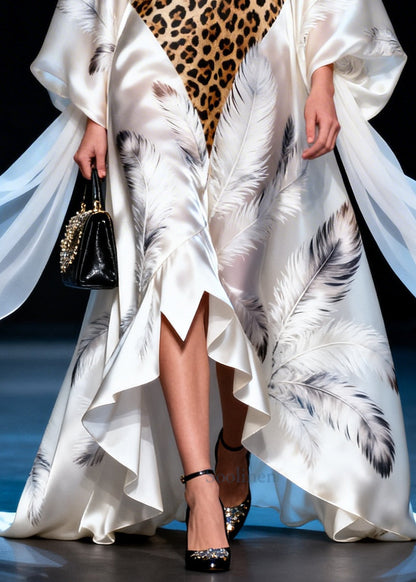 Modern White Leopard Patchwork Exra Large Hem Silk Vacation Dresses Summer