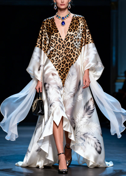 Modern White Leopard Patchwork Exra Large Hem Silk Vacation Dresses Summer