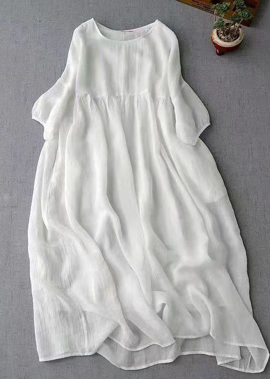 Modernes weißes O-Ausschnitt Patchwork Leinen Lange Kleider Halbarm