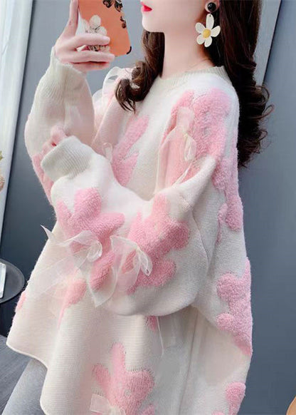 Modern White Oversized Floral Bow Knit Sweaters Winter