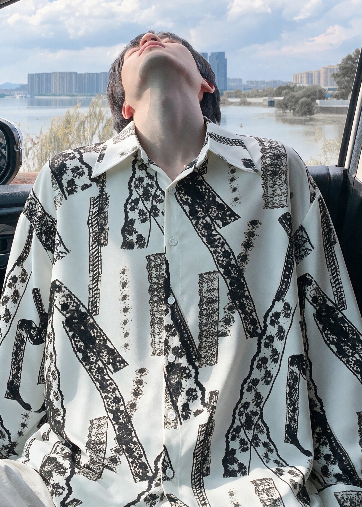 Modern White Oversized Print Cotton Mens Untuckit Shirts Fall