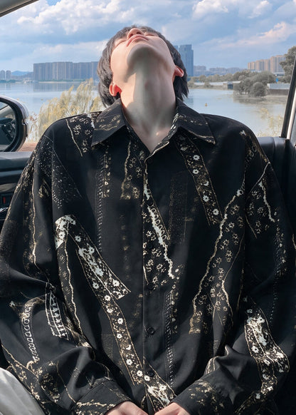 Modern White Oversized Print Cotton Mens Untuckit Shirts Fall