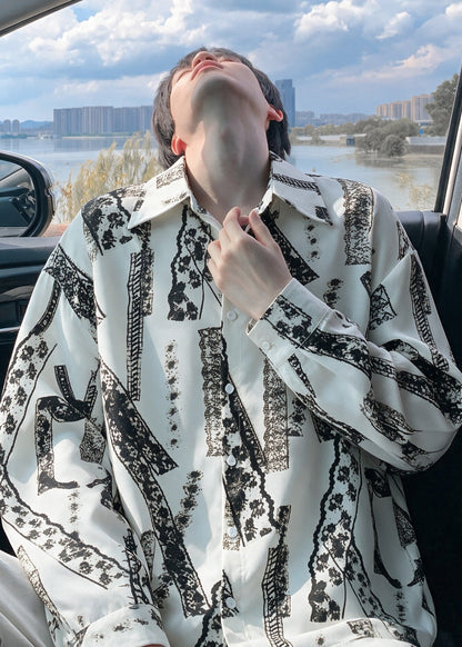 Modern White Oversized Print Cotton Mens Untuckit Shirts Fall