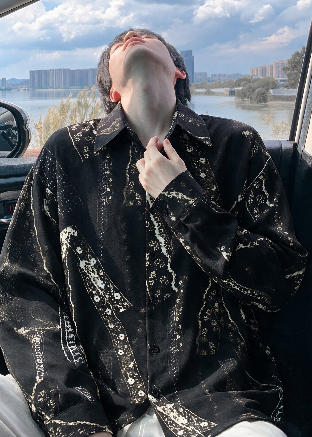 Modern White Oversized Print Cotton Mens Untuckit Shirts Fall