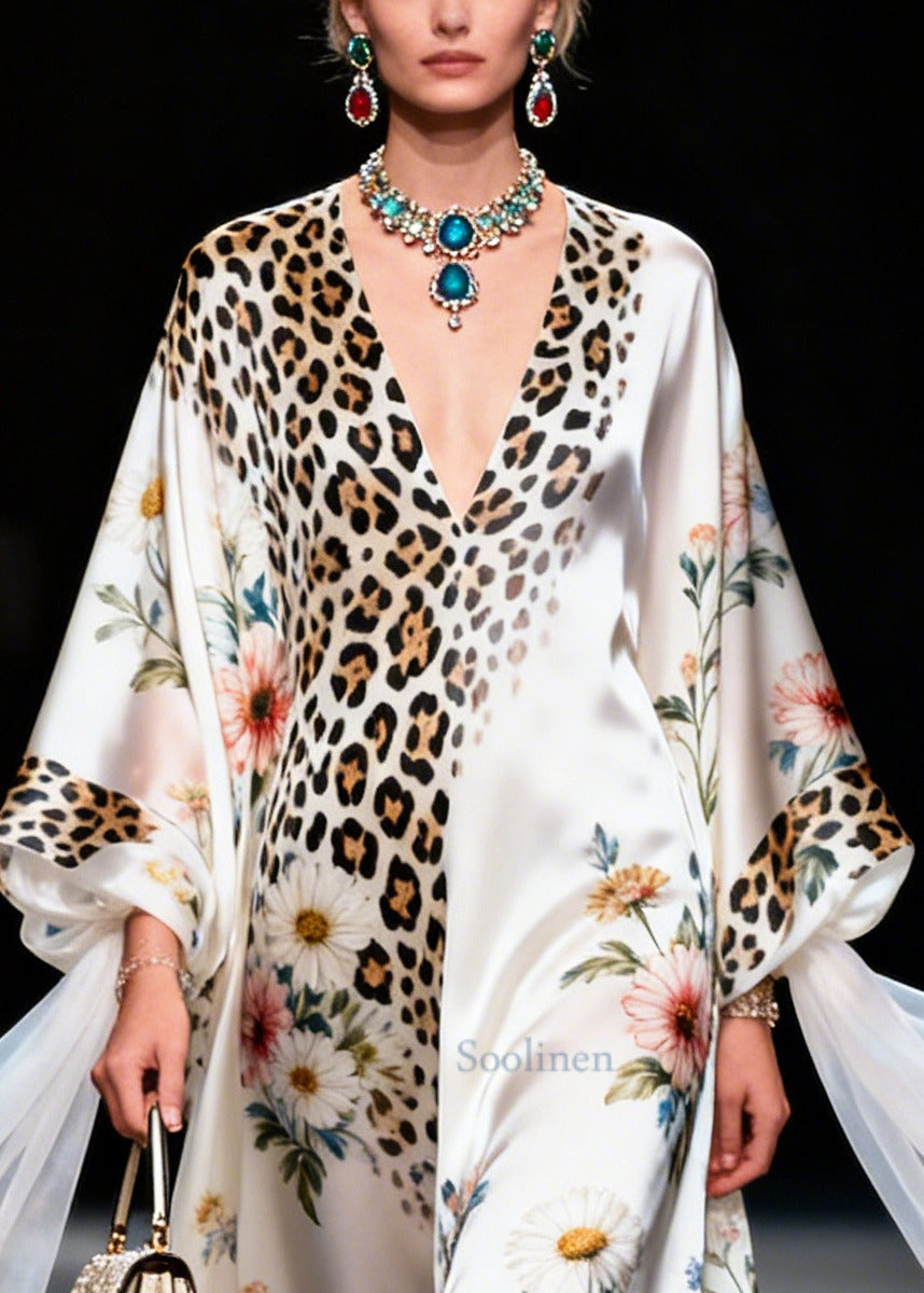 Modern White Oversized Print Draping Silk Maxi Dresses Summer