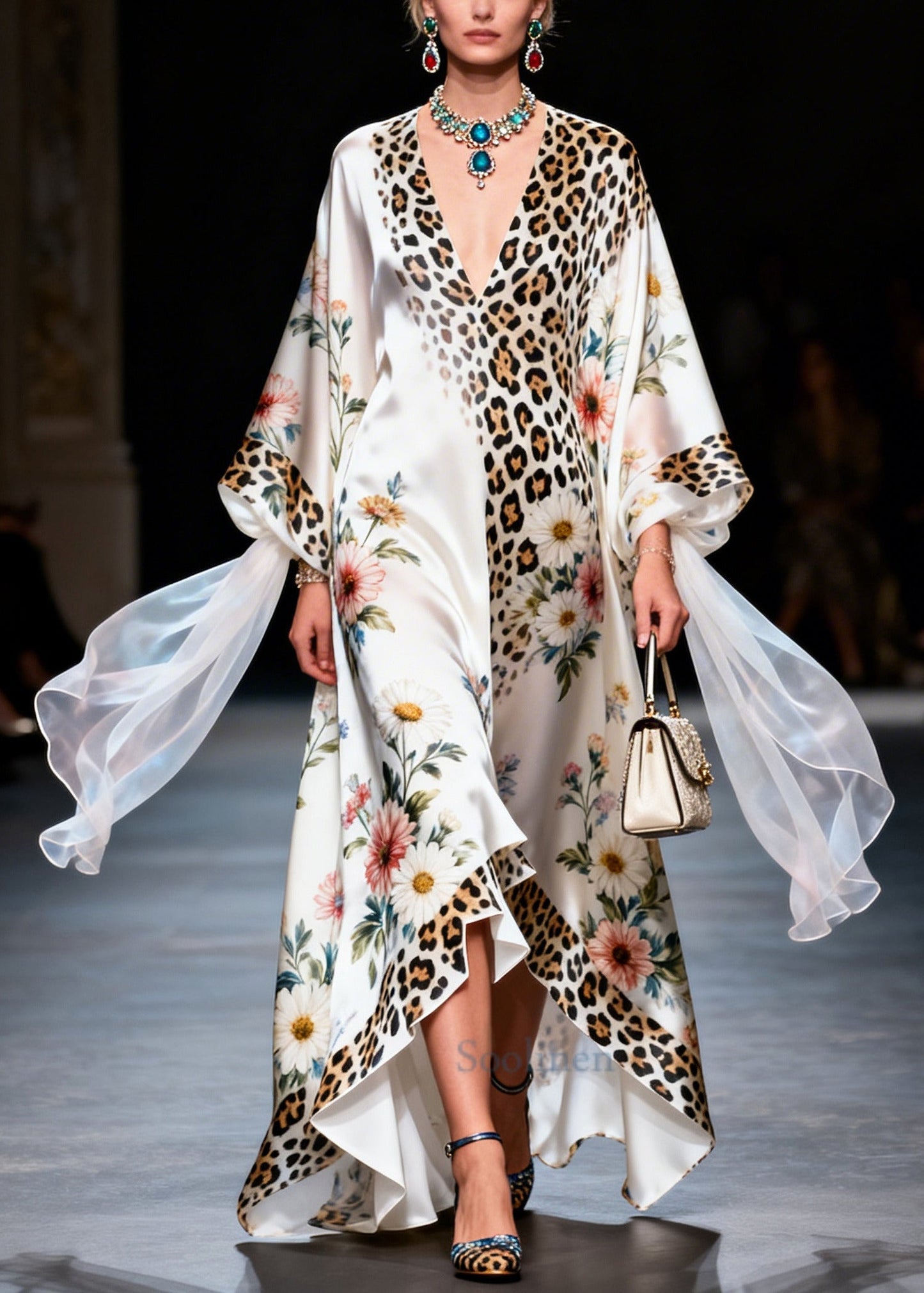 Modern White Oversized Print Draping Silk Maxi Dresses Summer