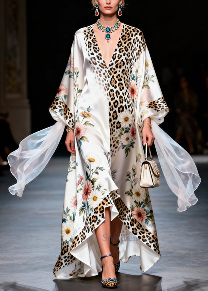 Modern White Oversized Print Draping Silk Maxi Dresses Summer