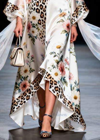 Modern White Oversized Print Draping Silk Maxi Dresses Summer
