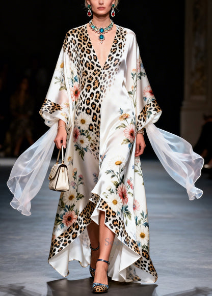 Modern White Oversized Print Draping Silk Maxi Dresses Summer