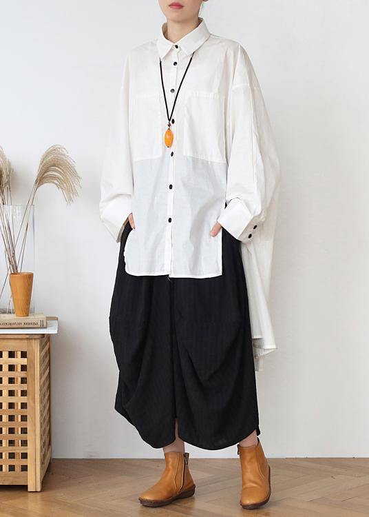 Modern White Peter Pan Collar asymmetrical design Cotton Spring Shirts - SooLinen