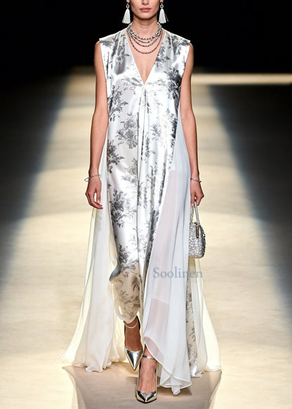 Modern White Print Patchwork Exra Large Hem Chiffon Holiday Dress Sleeveless