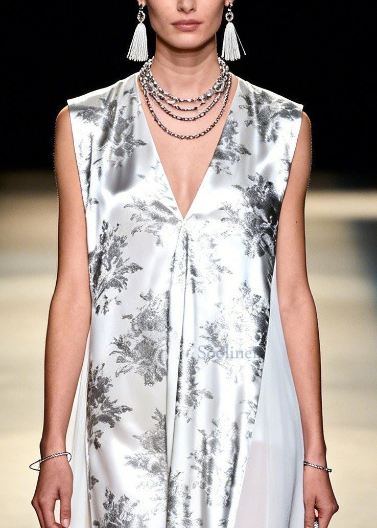 Modern White Print Patchwork Exra Large Hem Chiffon Holiday Dress Sleeveless