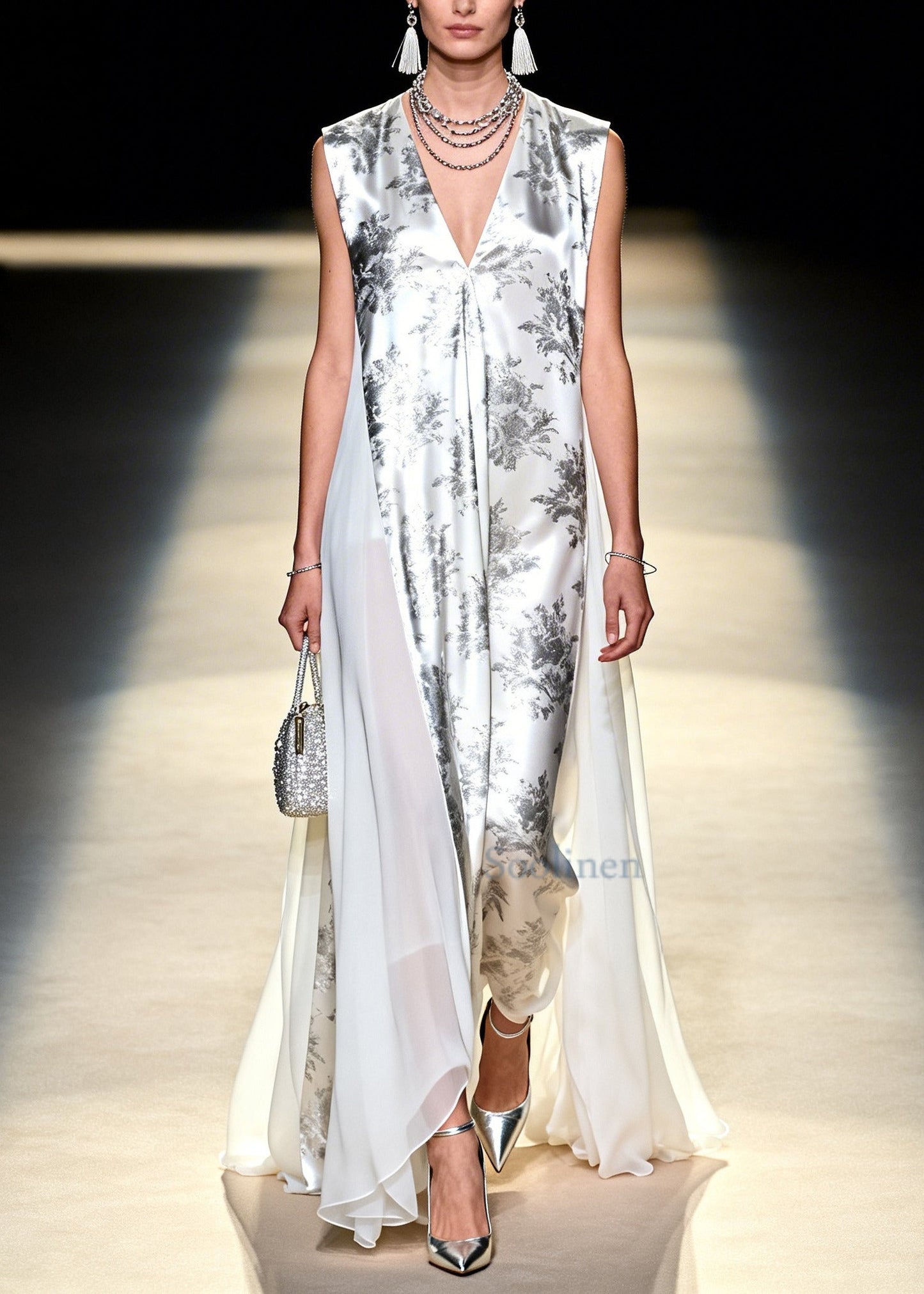 Modern White Print Patchwork Exra Large Hem Chiffon Holiday Dress Sleeveless