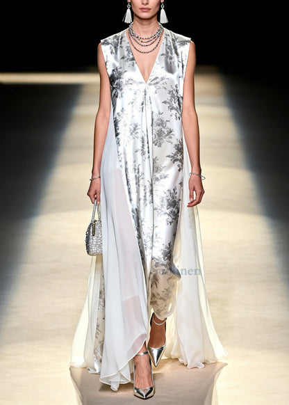 Modern White Print Patchwork Exra Large Hem Chiffon Holiday Dress Sleeveless
