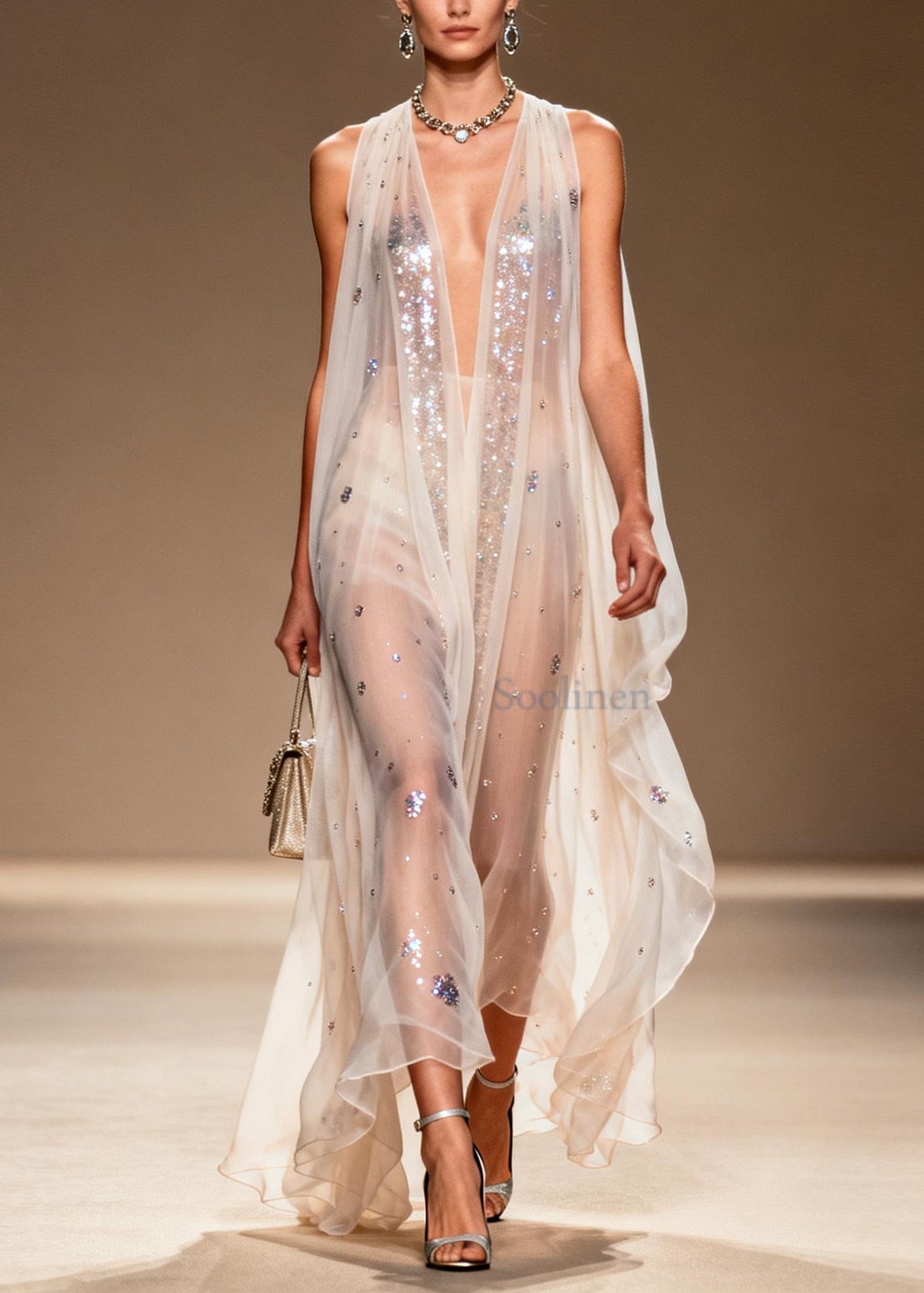 Modern White Sequins Rhinestone Chiffon Mesh Dress Summer