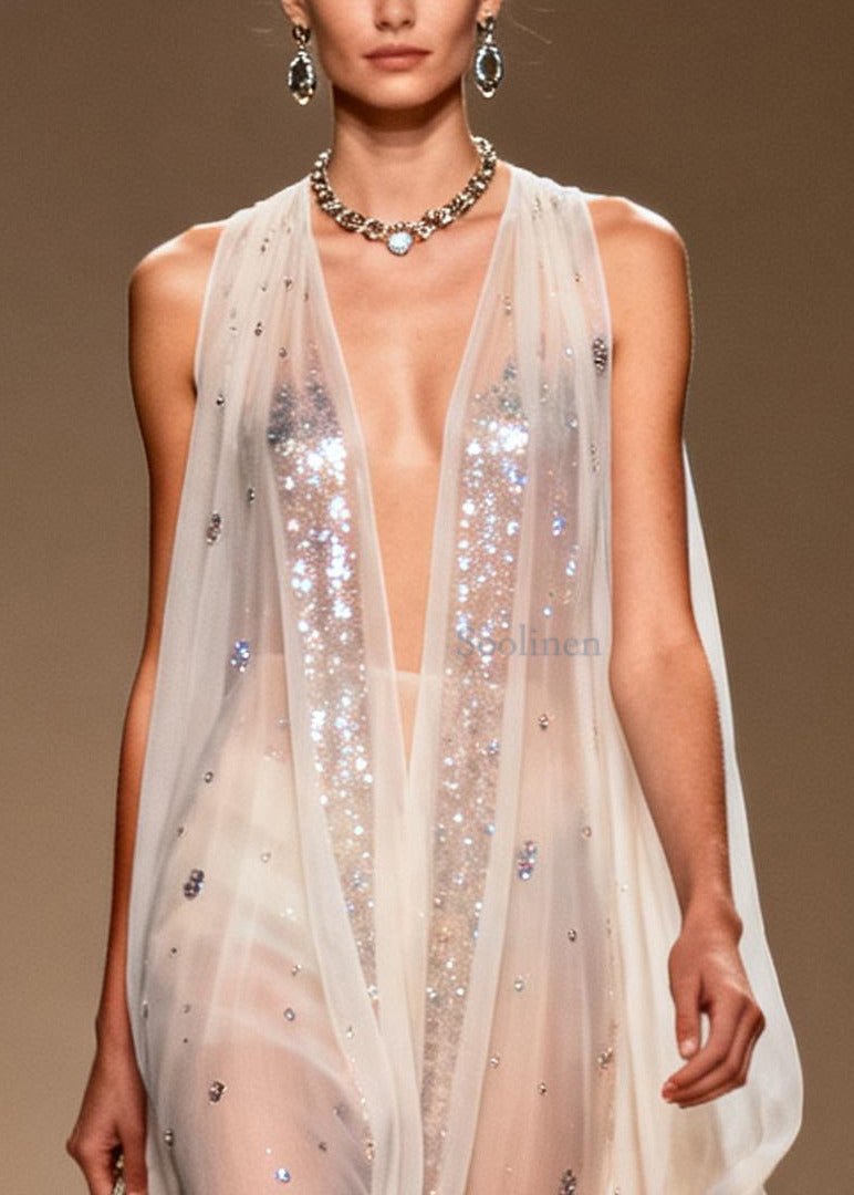 Modern White Sequins Rhinestone Chiffon Mesh Dress Summer