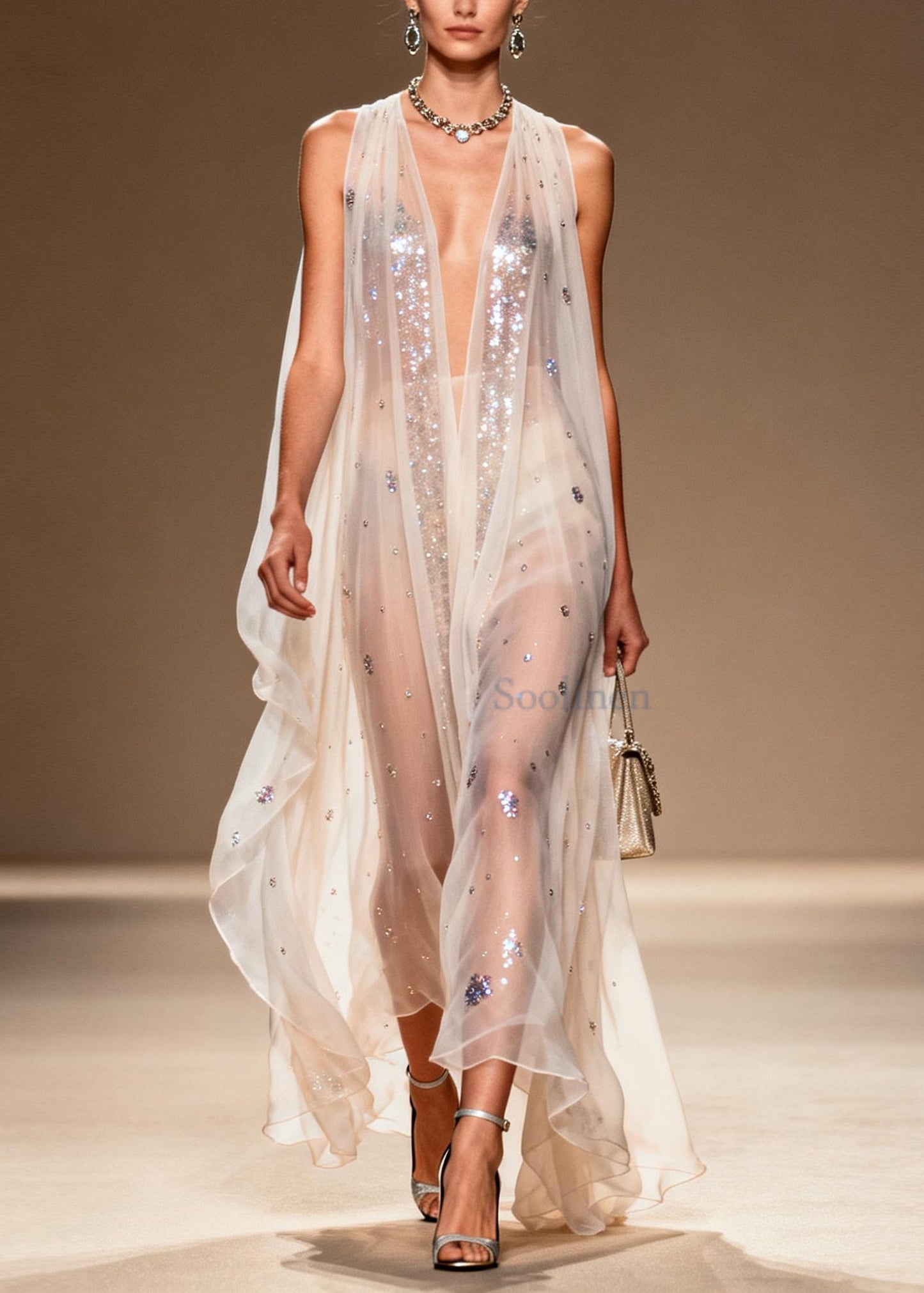 Modern White Sequins Rhinestone Chiffon Mesh Dress Summer