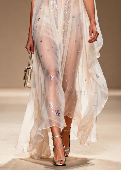 Modern White Sequins Rhinestone Chiffon Mesh Dress Summer