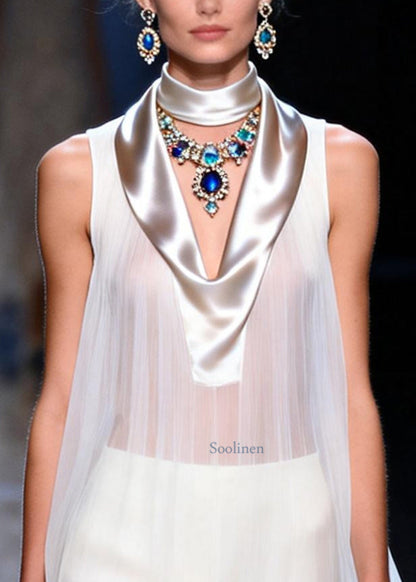 Modern White Sheer Draping Chiffon Mini Dress Sleeveless