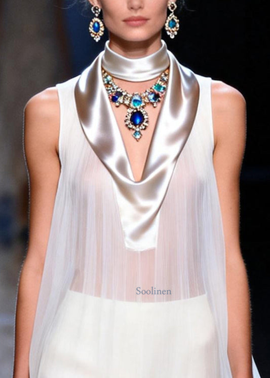 Modern White Sheer Draping Chiffon Mini Dress Sleeveless