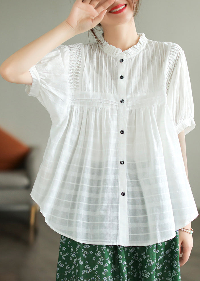 Modern White Stand Collar Wrinkled Cotton Top Summer
