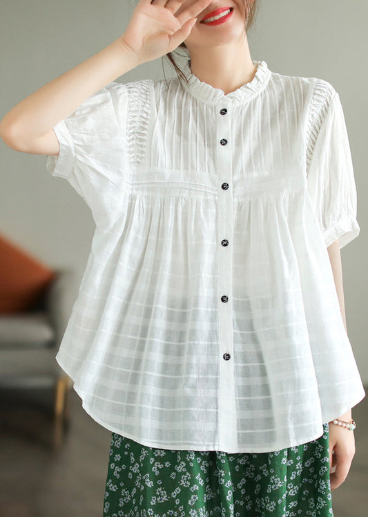 Modern White Stand Collar Wrinkled Cotton Top Summer