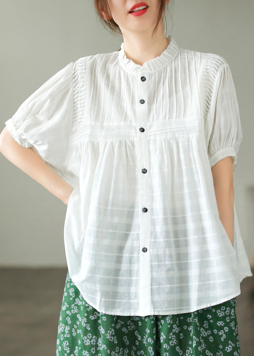 Modern White Stand Collar Wrinkled Cotton Top Summer