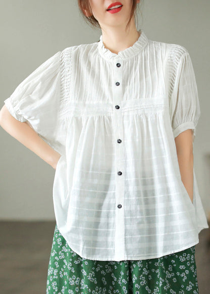 Modern White Stand Collar Wrinkled Cotton Top Summer