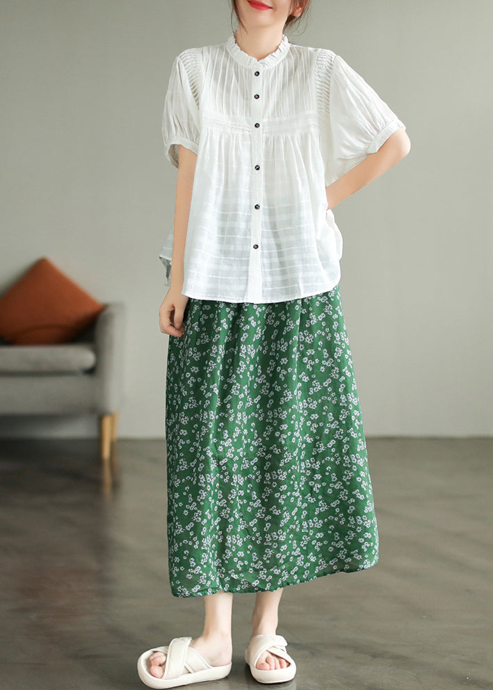 Modern White Stand Collar Wrinkled Cotton Top Summer