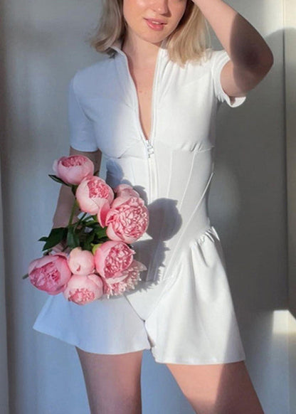 Modern White Stand Collar Zippered Bodysuit Tops